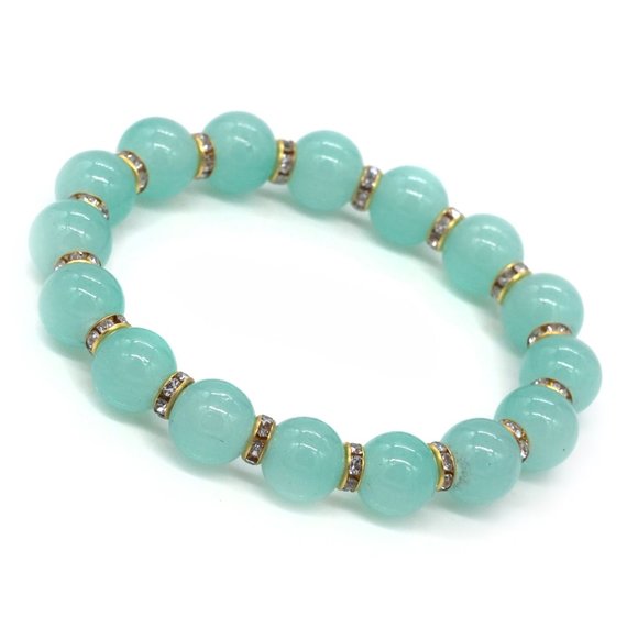 Bracelet with Aqua color beads and Rhinestones OS. - Picture 2 of 3